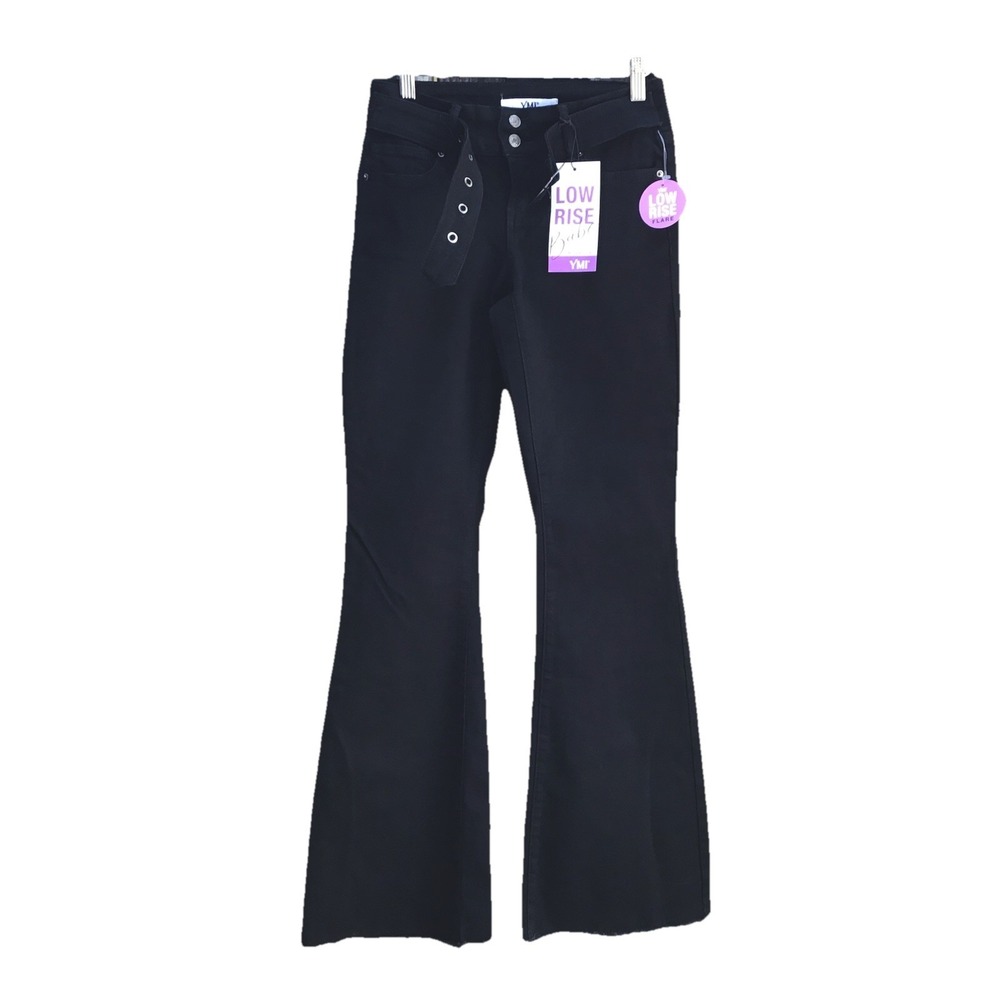 YMI Jeans Women's Size 3/26 Black Low Rise Flare Jeans Belt NWT 27x32.5